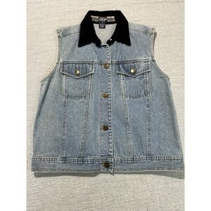 Generra Jean Vest Women's Small 100% Cotton Light Wash Denim Black Velvet Collar